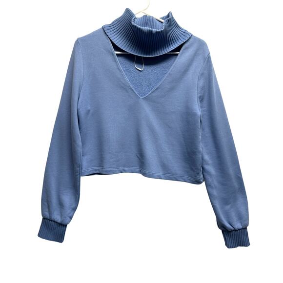 Zara Blue Ribbed Turtleneck Cutout Cropped Sweater Top Size S Coquette Classy - Picture 1 of 10
